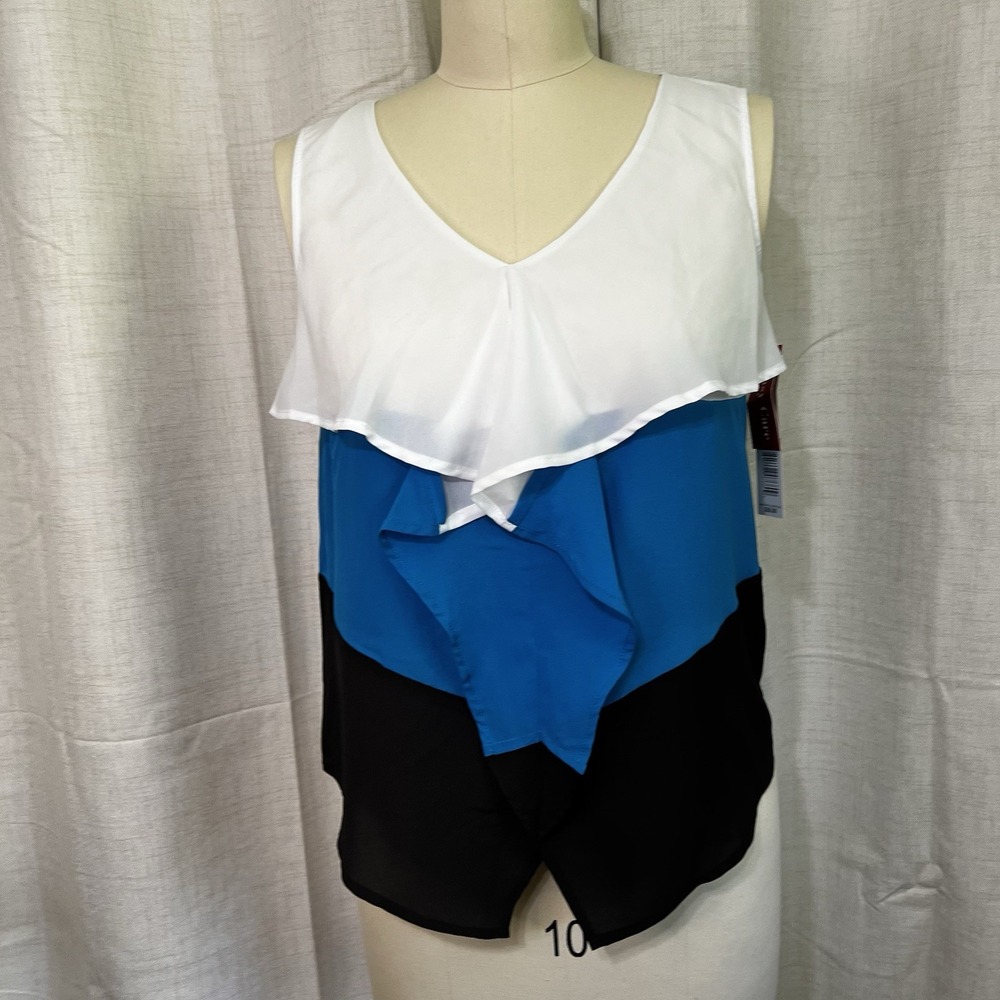 NEW! Rafaella Women's Top  Petite Size‎ Small Blue White Black Sleeveless Shirt